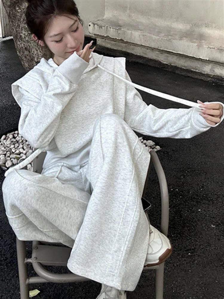 001 Herfststijl Sportkleding Dames, Losse pasvorm, Hoodie Sweatshirt, Modieuze Wijde Broek Tweedelige Set Voor Dames_voghion.com