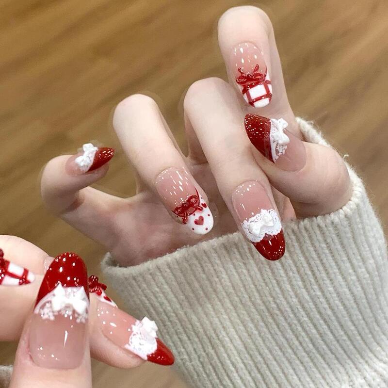 Red Heart Lace Semi-Handmade Red Christmas Bow French Lace Wearable Nail Ins New Year Whitening Manicure