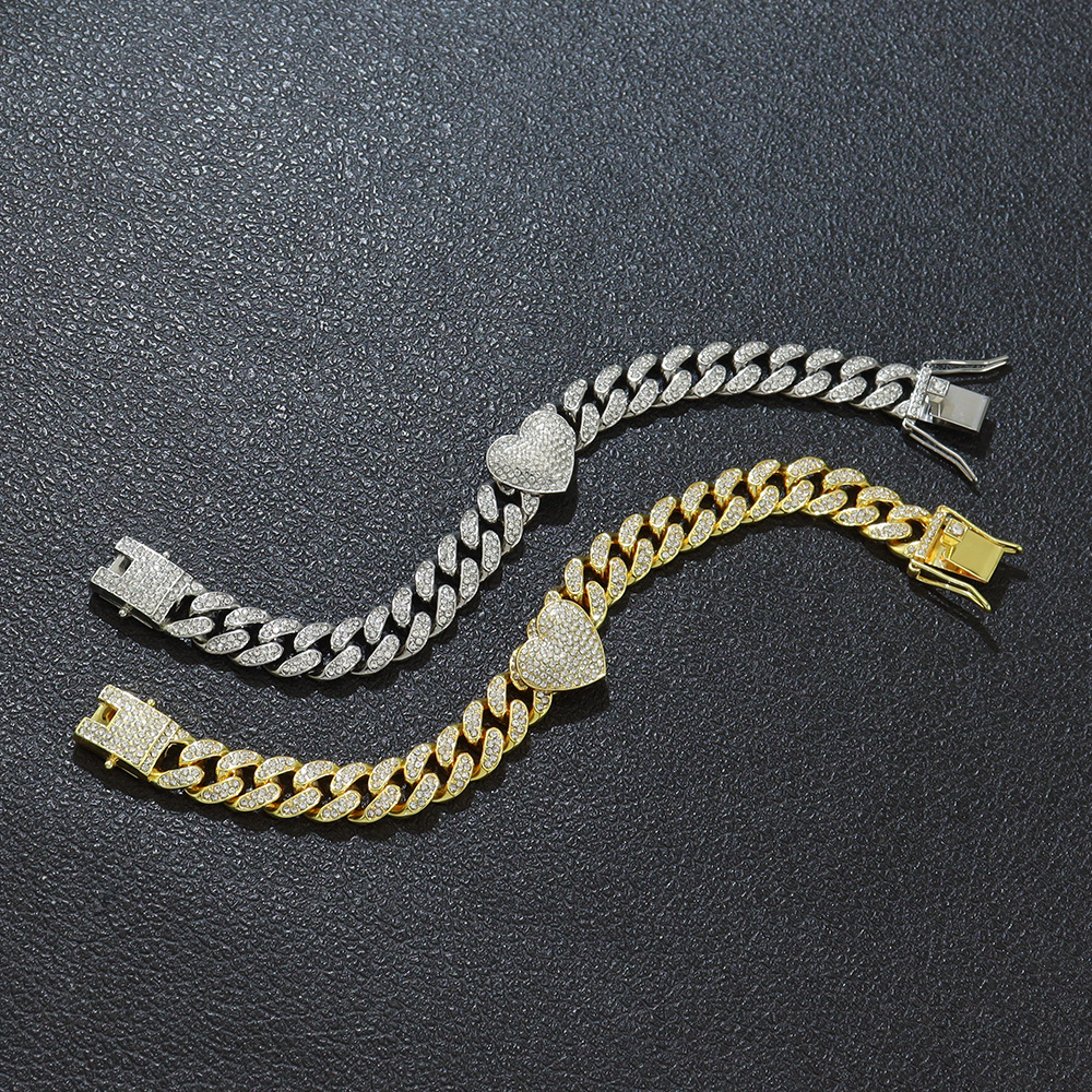 Heart Shape Pattern Cool Three-Dimensional Fully Jeweled Loving Heart Heart-Shaped Creative Cuban Link Chain Bracelet Hip Hop Style Couple Bracelet Bracelet