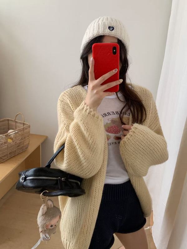 奶fufu慵懒风马海毛针织开衫女秋冬季宽松显瘦中长款粗线毛衣外套|undefined