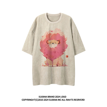 嘻哈欧美潮牌vintage短袖男夏季创意小狮子印花宽松小众情侣T恤