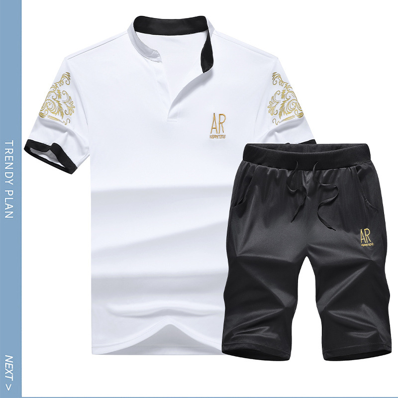 Trajes deportivos transfronterizos para hombres, trajes deportivos de verano de manga corta, camisetas de cuello para hombres, pantalones cortos, trajes de comercio exterior