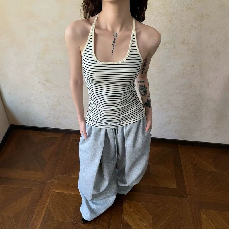 American-Style Spicy Girl Style U-Neck Striped Halter Neck Tank Top, Summer Fashion Outerwear and Innerwear, Sexy Slim-Fit Top for Women American-Style Spicy Girl Style U-Neck Striped Halter Neck Tank Top, Summer Fashion Outerwear and Innerwear, Sexy Slim-Fit Top for Women