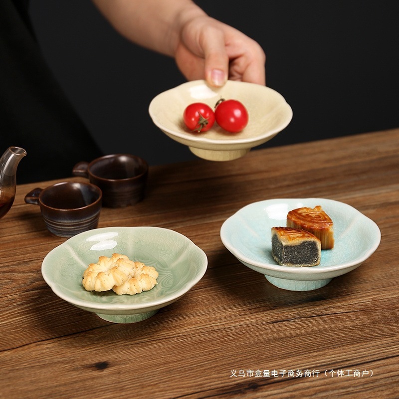 中国茶盆、禅風背の高いペストリーボウル、陶器のフルーツプレート、スナックプレート、小皿、茶盆、食器、日常使い|undefined