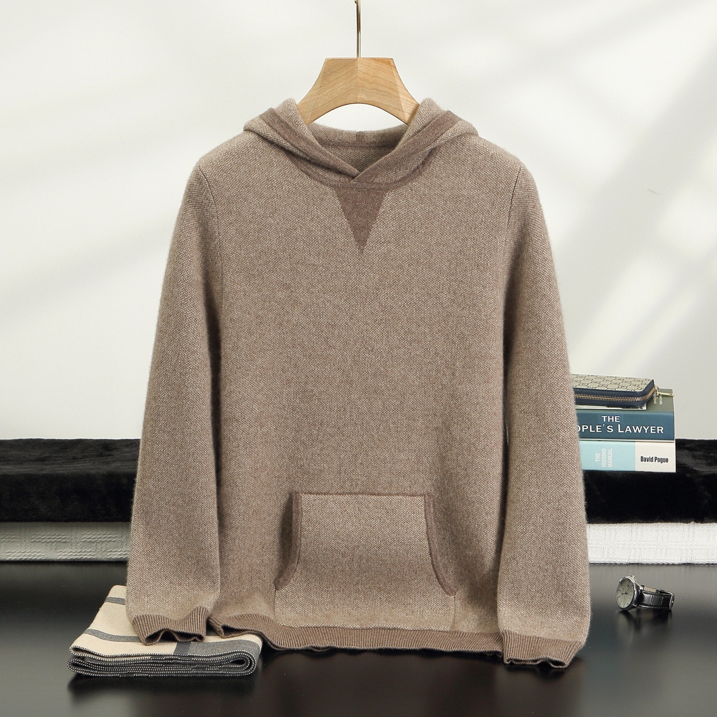 Simple style hooded wool sweater for men, thick and versatile knitted top, soft and thick cashmere hoodie