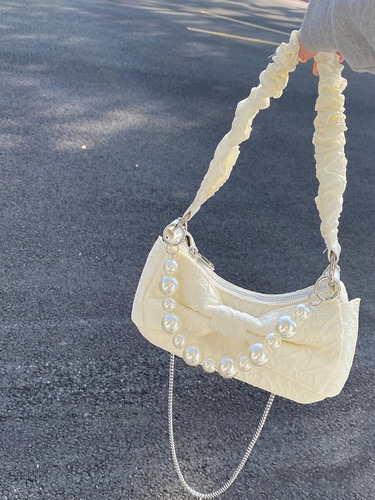 Internet celebrity super popular bow pearl chain bag women's niche design pleated handbag armpit bag single shoulder crossbody bag