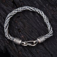 批发S925纯银5mm平安纹手链 复古做旧泰国手工编织麻绳个性手饰