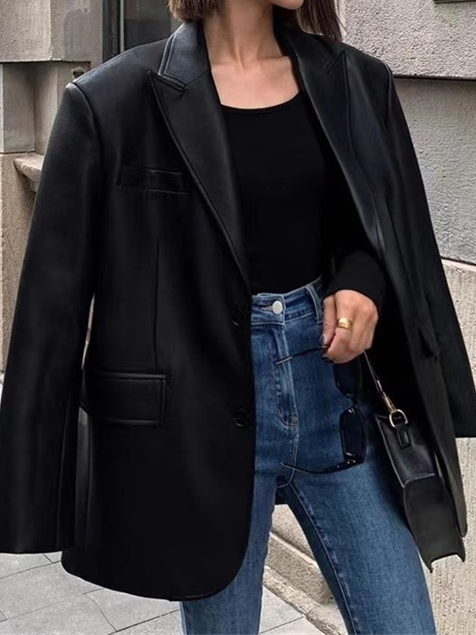 复古PU皮黑色西装皮衣女2025秋季新款时尚感气质炸街宽松休闲西服|undefined