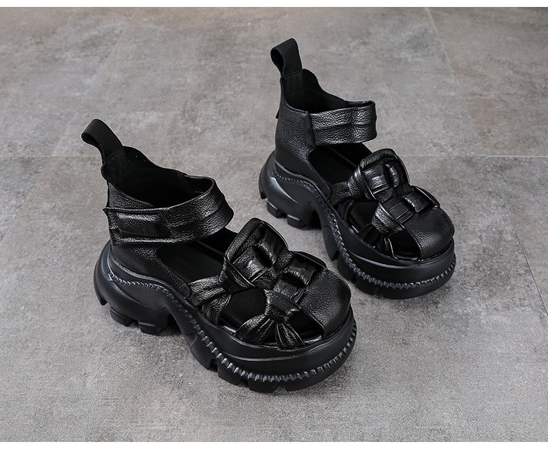 Sandal nữ da bò thật đế dày phong cách La Mã, mũi kín, quai đan dây — màu nâu chi tiết 12