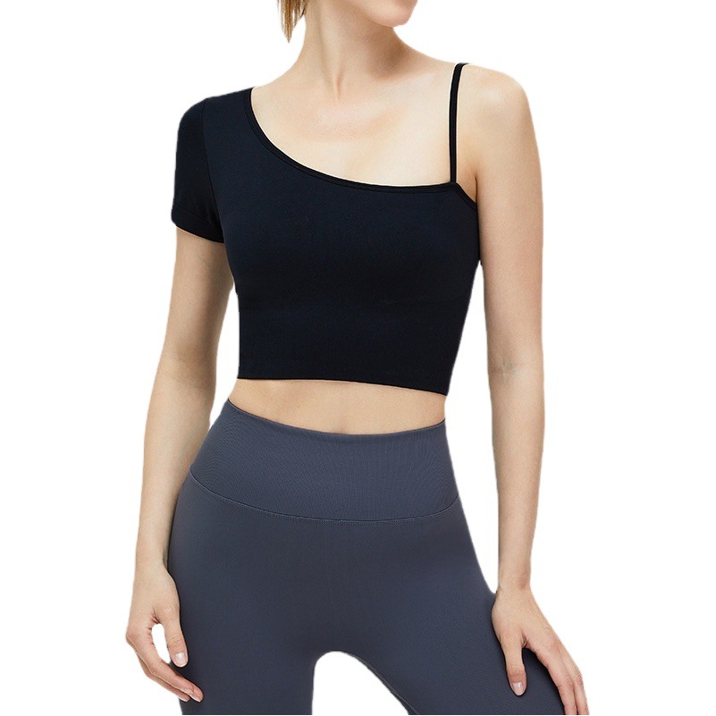Top de yoga sin costuras con cuello oblicuo y hombros descubiertos para mujer, sensación de desnudo, espalda hermosa, transpirable, de secado rápido, no se puede devolver ni cambiar.