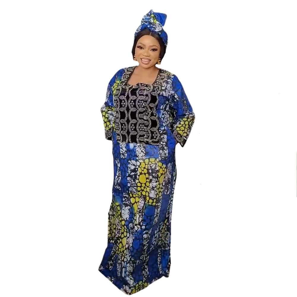 Middle East Bestseller Crystal Satin Printed Dress With Headscarf And Rhinestones, African Plus Size Women's_ecoleips.com