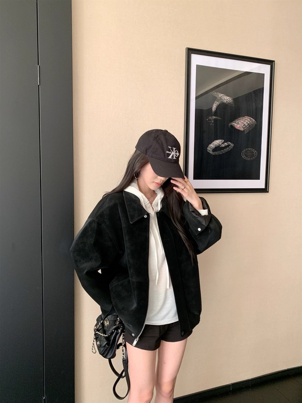 【原版雪花皮】美拉德复古麂皮绒外套女秋季宽松翻领休闲机车夹克|undefined