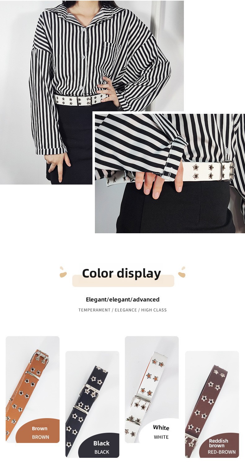 Hollow Punk Style Star Air Eye Double Row Belt Korean Jeans with Corns Women's Fashion Hip Hop Decorative Belt_viptrois.com