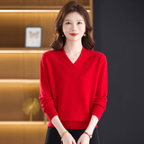 秋冬新款羊毛针织衫时尚v领显瘦年轻妈妈毛衣大码宽松100%羊毛，女装针织衫/毛衣，妃慕昵服饰