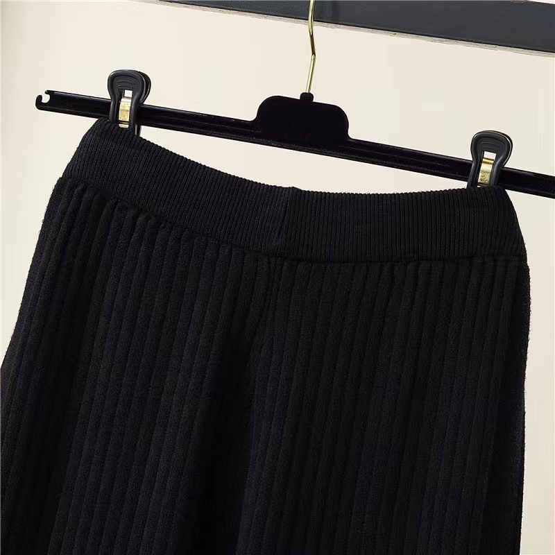 高腰钮扣针织休闲裤女 纯色开叉百搭阔腿毛线裤竖条垂感直筒长裤