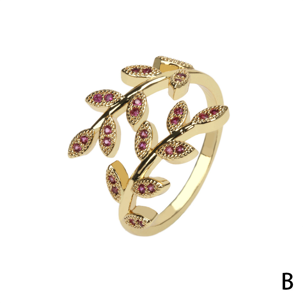 Einfache Elegante Intarsien Micro Bunte Zirkonium Blatt Form Kupfer Ring display picture 3