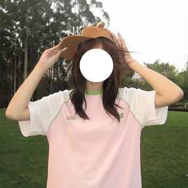 实价 纯棉 螺纹领口 +后包边 撞色拼接+前后刺绣短袖恤女