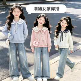 女童春秋季套装韩版学院风海军领卫衣休闲甜美蝴蝶结牛仔裤两件套