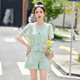 新中式短裤套装女2025新款小个子小香风减龄短袖一整套穿搭YH9208