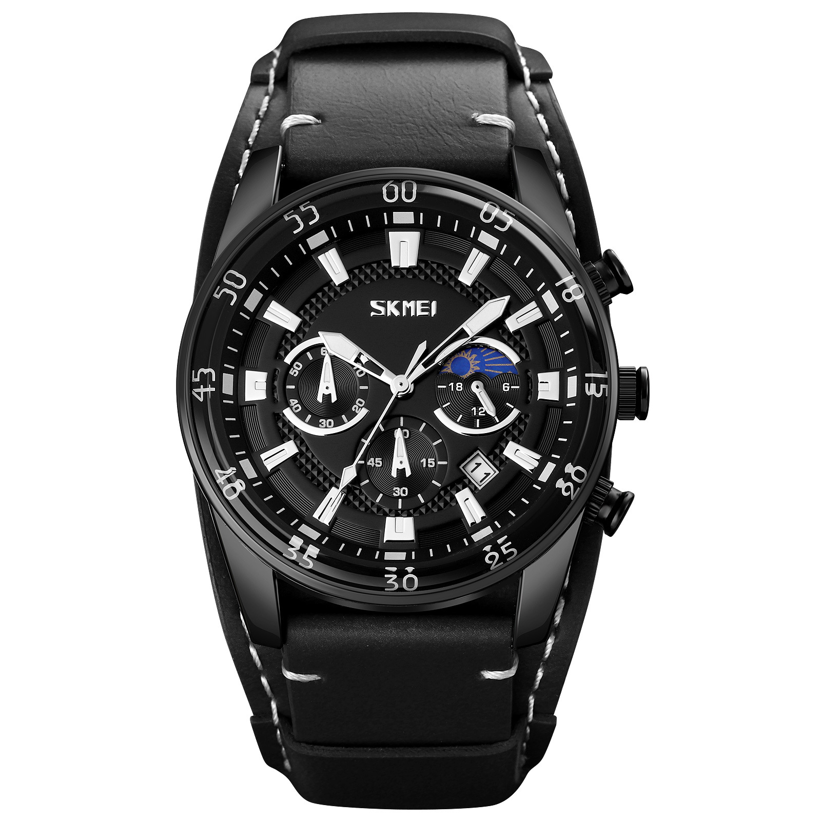 Momento de belleza para hombres cronógrafo multifuncional reloj de cuarzo muestra fase lunar impermeable reloj de pulsera de correa marrón retro reloj de hombre transfronterizo