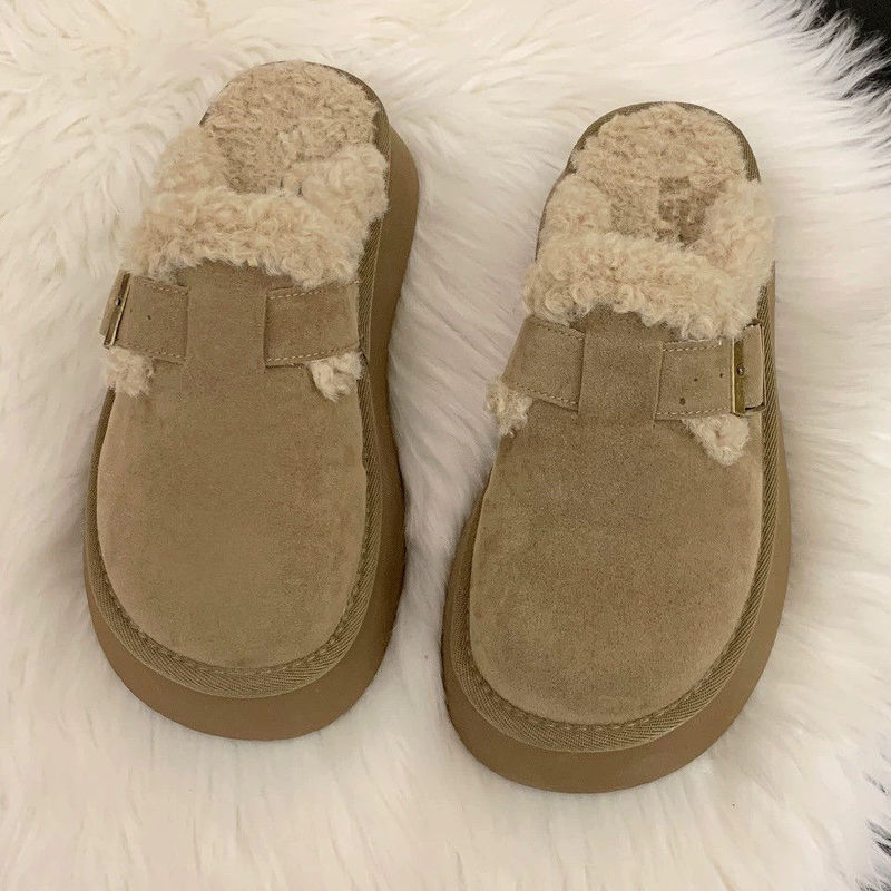 Baotou Half Slippers for Women's Outer Wear Fleece-Lined Birkenstock Shoes 2025 Autumn and Winter New Thick-Soled Lamb Wool Snow Boots Cotton Slippers