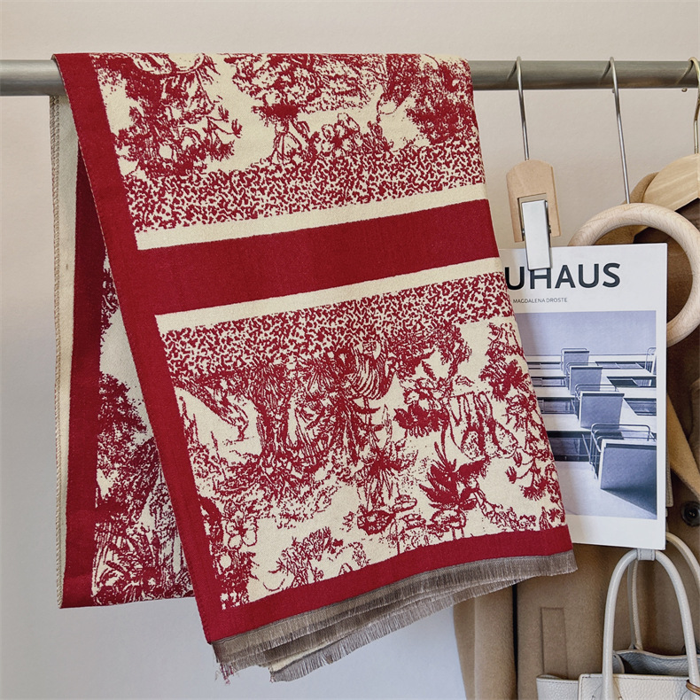 Sciarpa con frange in jacquard double face in stile etnico retrò autunno e inverno_voghion.com