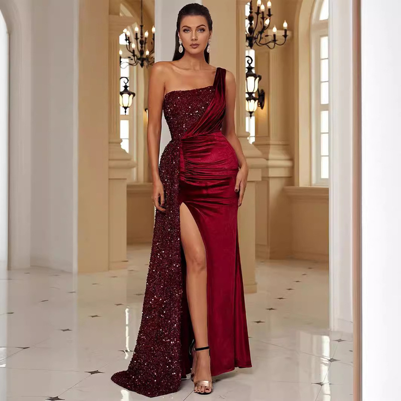 2025 European and American Foreign Trade Cross-Border High-End Fishtail Party Banquet Elegant Host One-Shoulder Dress Evening Gown