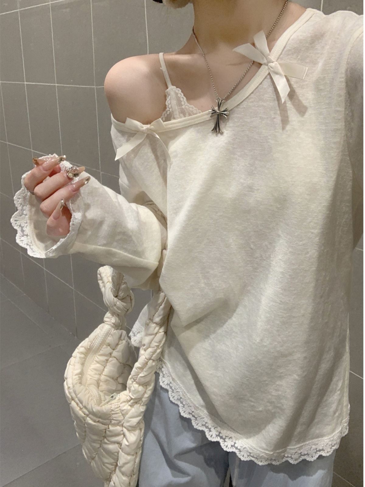 Asymmetrical Collar Bow Long-Sleeve Sun-Protective T-Shirt for Women, Spring 2026 New Korean Style Loose Lace Patchwork Top