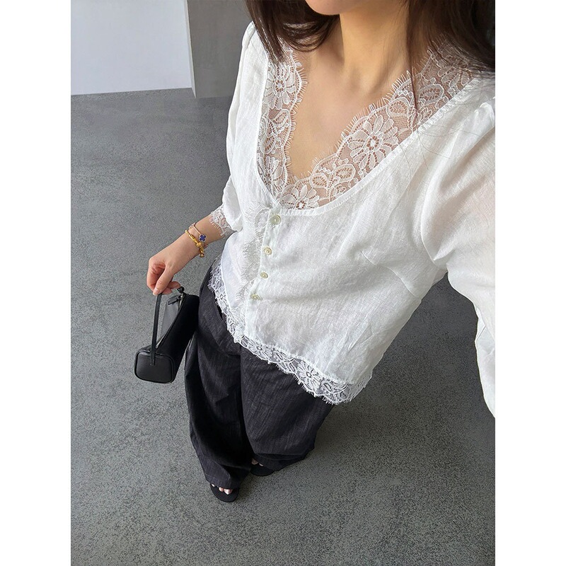 [Zichuan] Lace Spliced Ramie Mid-Sleeve Shirt for Women, New Summer Style, Lightweight Tencel V-Neck Blouse Wq316