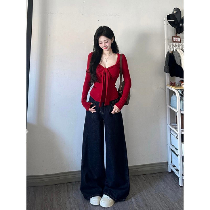 工厂批发纯欲辣妹红色蝴蝶结长袖T恤女设计感修身气质打底衫上|undefined