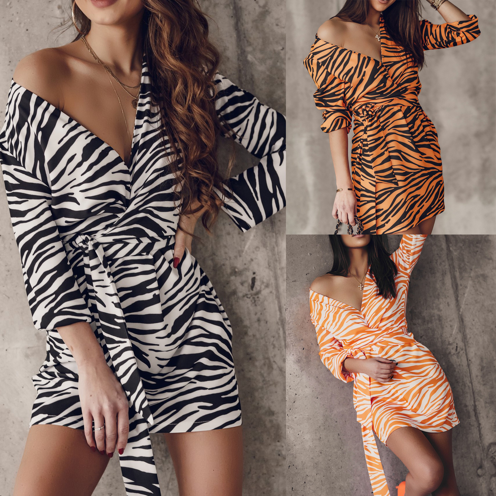 V-Neck Loose Zebra Pattern Dress NSOYL105996