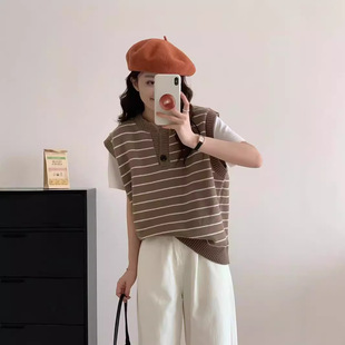 Korean Style Half Open Collar Retro Striped Knitted Vest Women's Autumn New 2024 Loose Sleeveless Stacked Sweater Vest