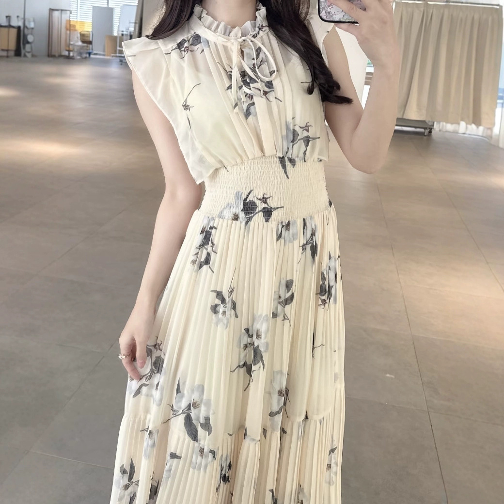 【黛珊】2025春夏新品日系甜美印花清爽小飞袖系带高腰百褶连衣裙