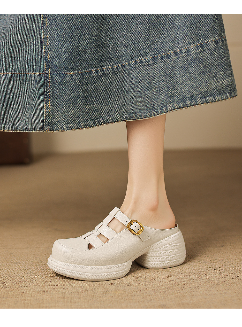 Sandal cao gót nữ mũi hở đế dày da cừu kiểu dệt lỗ — màu trắng ngà chi tiết 7