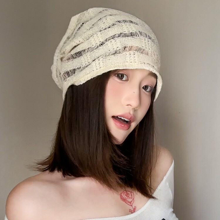 Japanese Knitted Hollow-out Heap Cap Women's Summer Thin Cotton and Linen Breathable Cold Cap Big Head Wai Face Small Bag Cap