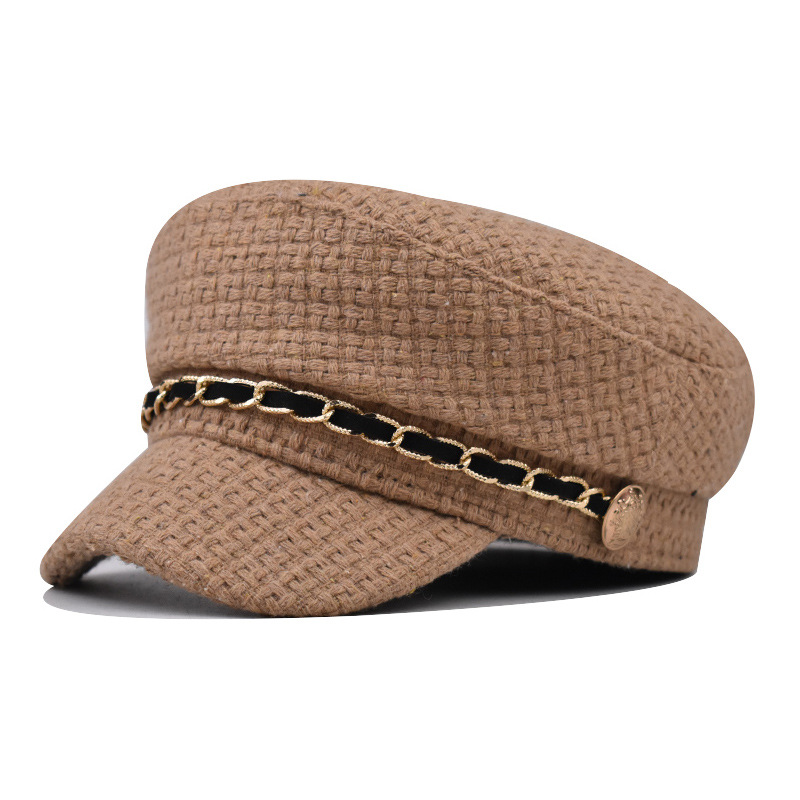 Cross-border estilo de Chanel boina de las mujeres del otoño y el invierno de la tapa del sombrero octogonal británico retro de encaje cadena de oro de la marina de guerra sombrero