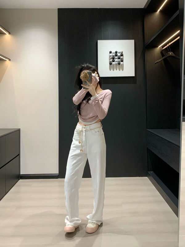 2025 新しい Xiaoxiangfeng カジュアルパンツ女性のファッションチェック柄ハイウエストストレートジーンズジャカードハイエンドハイウエストワイドレッグ|undefined