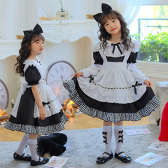 白黒の格子の長袖のメイド服のアリスのロリータの王女のスカートの子供服の女の子のロリータの演出服