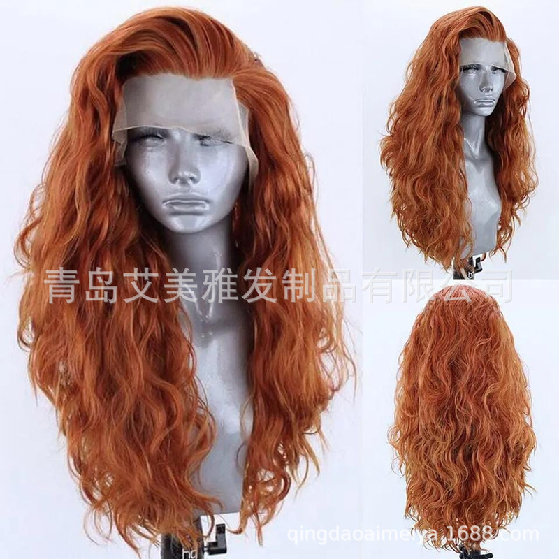 Wig European and American Women's Red-brown Front Lace Micro-curly Long Curly Fluffy Water Wave Wig Headgear Wigs