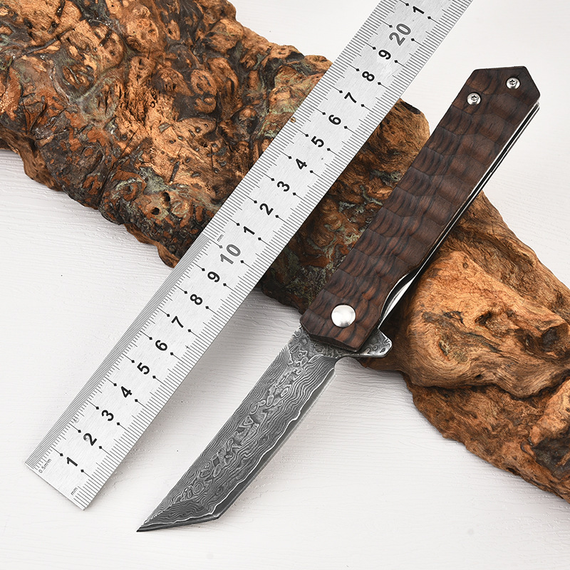 厂家批发不锈钢折叠刀大马士革纹防身刀户外木柄野营随身求生小刀
