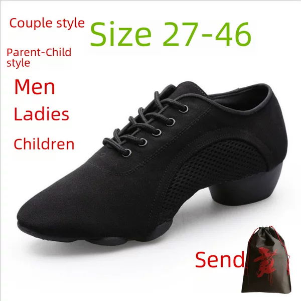 Wholesale children's men's and women's Oxford cloth mesh Latin dance shoes non-slip soft sole teacher shoes cross-border middle heel square dance shoes