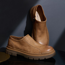 复古英伦皮鞋休闲新款男鞋软底男士防滑牛皮拉链真皮潮流厚底脚蹬