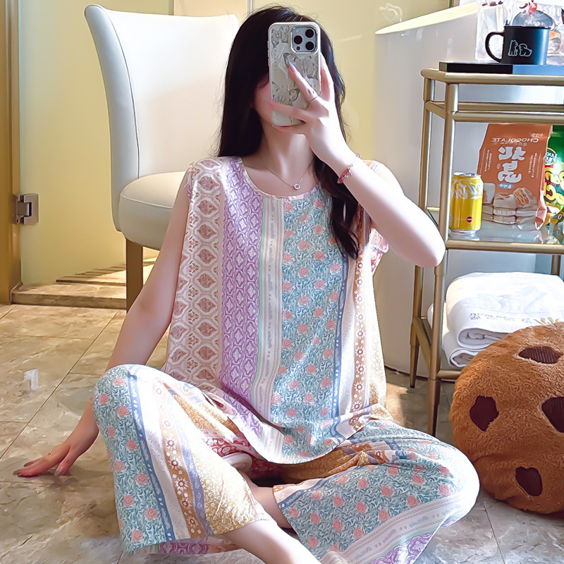 Cotton Silk Pajamas Women's Short-Sleeved Suit Summer Large Size Artificial Cotton Vest Wide-Leg Pants Cotton Silk Home Sleeveless Cotton Silk
