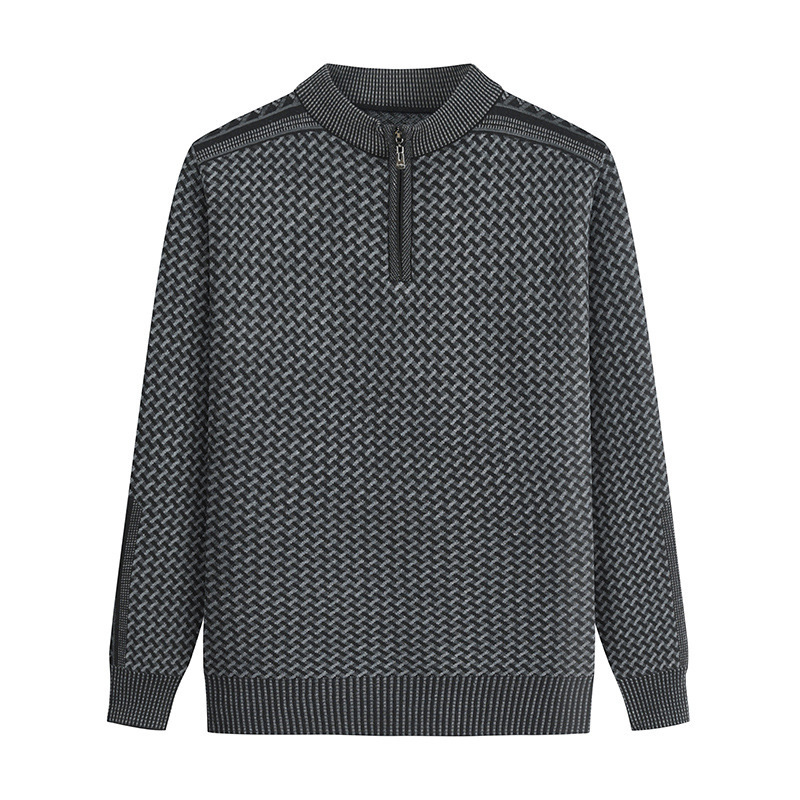 Middle-Aged and Elderly Men's Plaid Bottoming Loose Casual Sweater Men's Long-Sleeved Half-Zip Pullover Knitted Sweater