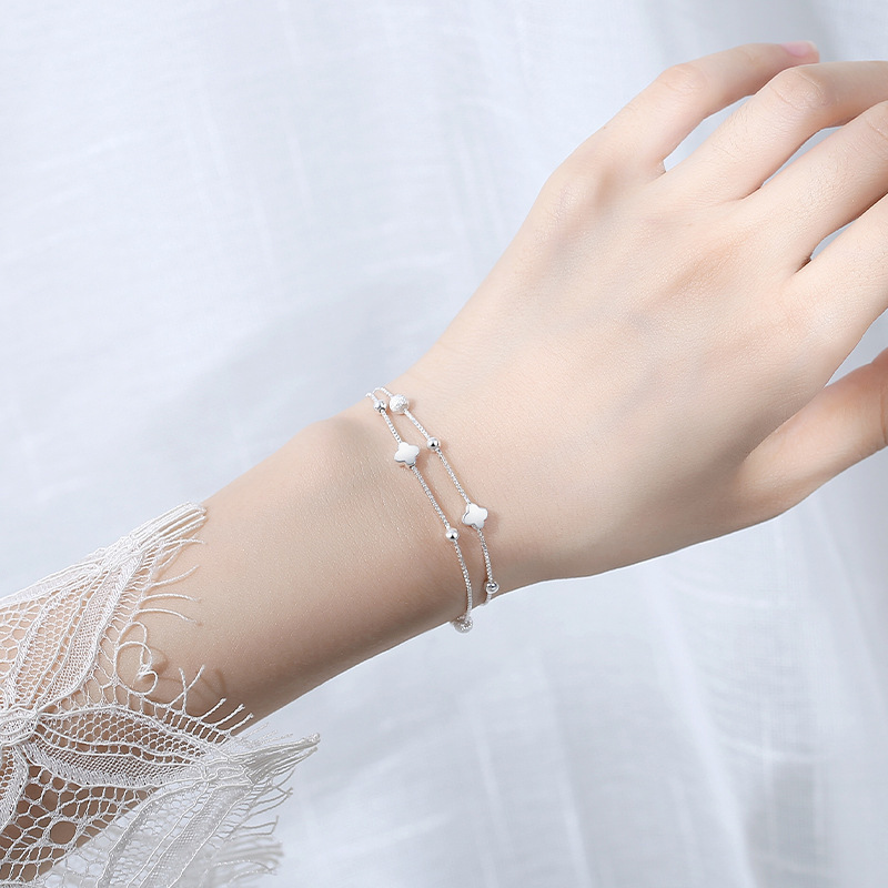 925 スターリングシルバー四つ葉のクローバー二層ブレスレット女性のための多用途シルバービーズブレスレット韓国スタイルインスタイルクローバーハンドジュエリー|undefined