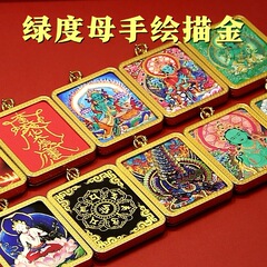 手描きの金と緑のタラチベットタンカ絵画コアペンダント卸売仏陀のお守りジュエリー卸売六字マントラ経典