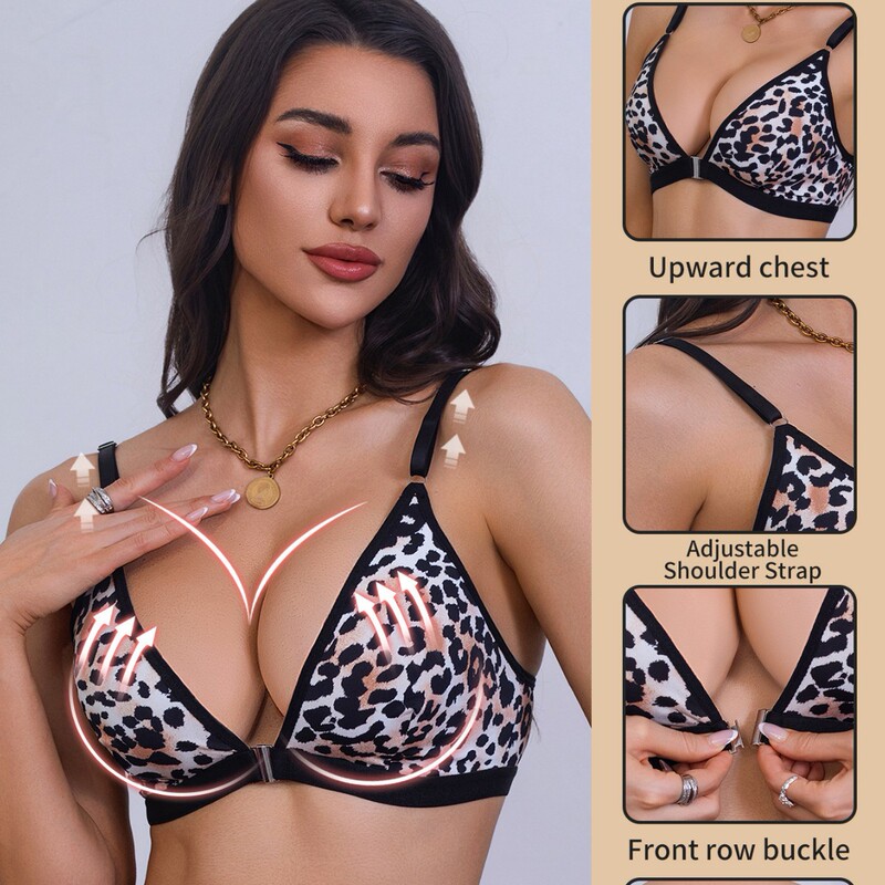Amazon Foreign Trade Leopard Print Front Button Push-Up Bra for Women Without Rims Underwear for Women European and American Cross-Border Supply