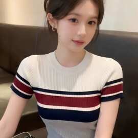跨境外贸【冰爽丝洗水】圆领撞色条纹短袖针织衫女2026夏季新款气