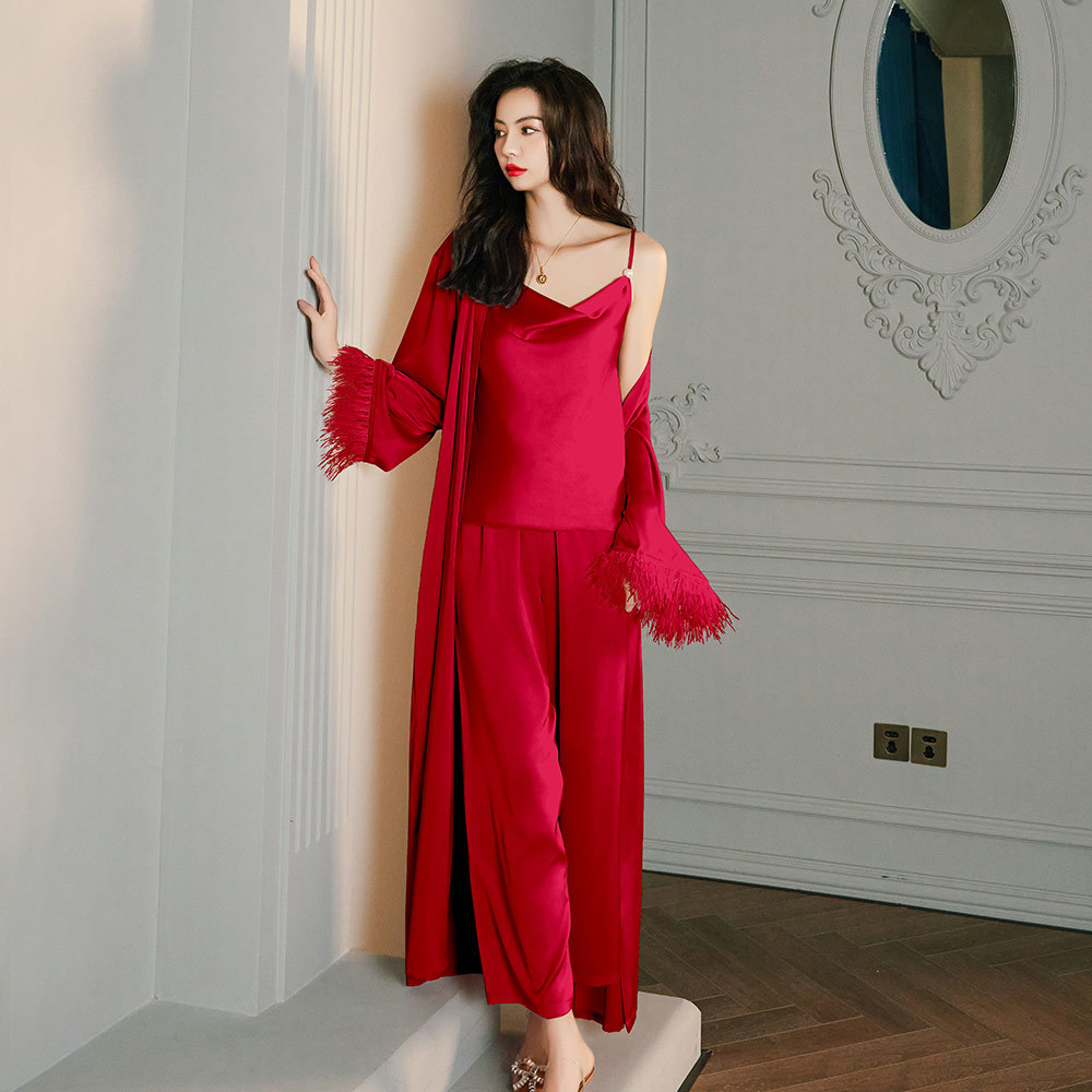 Zoshang hielo pijama de mujer de verano plumas de satén de mangas largas pijama de cabina pantalones largos set de ropa para el hogar 2658 + 2659