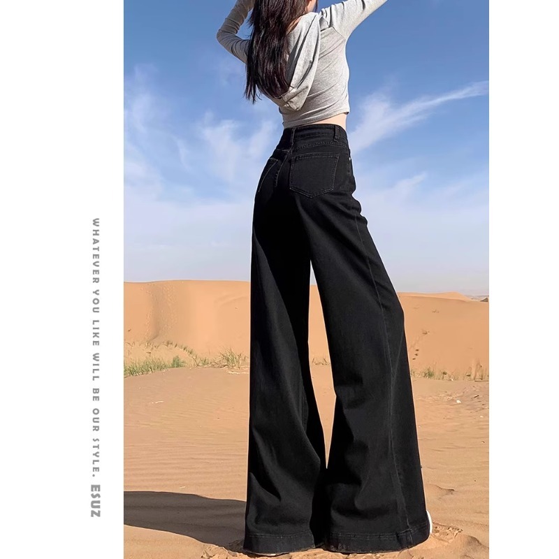 美式黑色大阔腿牛仔裤女2025春秋新款高腰宽松不贴腿喇叭拖地裤子|undefined